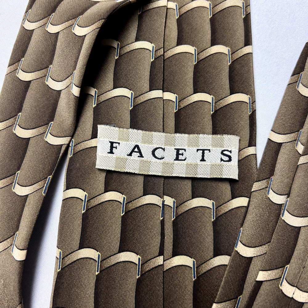 Facets Mens Silk Neck Tie Brown 56" Long 4" Wide Hand Sewn Waves Stripes